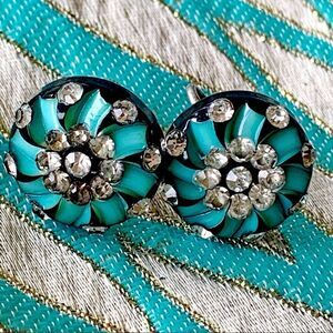 Vintage black turquoise crystal mid century earrings screw back